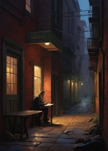 alleyway,evening atmosphere,alley,night scene,blind alley,old linden alley,atmospheric,world digital painting,street scene,gas lamp,rescue alley,digital painting,lostplace,early evening,slums,backgrounds,alley cat,street cafe,cobblestone,narrow street,Conceptual Art,Oil color,Oil Color 12