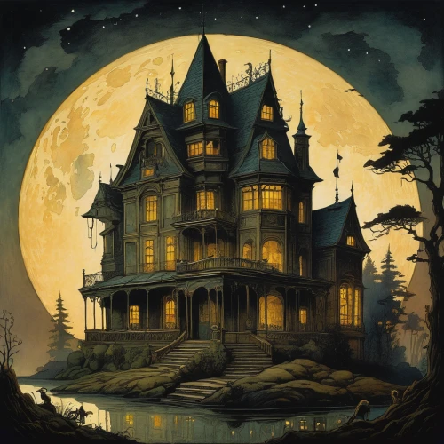 witch house,witch's house,the haunted house,haunted house,haunted castle,ghost castle,house silhouette,house in the forest,fairy tale castle,victorian house,lonely house,creepy house,halloween background,gold castle,halloween poster,halloween and horror,halloween scene,halloween illustration,house painting,haunted,Illustration,Retro,Retro 19