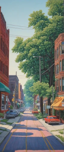 ohio paint street chillicothe,street scene,greenwood,small towns,maple road,1955 montclair,illinois,parkersburg,indiana,greystreet,neighborhood,linden,moc chau hill,suburb,lewisburg,colored pencil background,ohio,duluth,chestnut avenue,downtown,Illustration,Realistic Fantasy,Realistic Fantasy 11