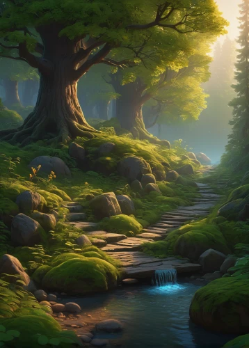 elven forest,forest landscape,druid grove,fantasy landscape,fairy forest,forest glade,fairytale forest,cartoon video game background,forest background,cartoon forest,fir forest,forest tree,green forest,enchanted forest,forest,forest path,coniferous forest,forests,landscape background,the forest,Illustration,Realistic Fantasy,Realistic Fantasy 27