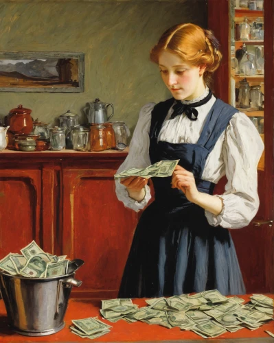 salesgirl,paying,money handling,girl in the kitchen,financial education,money transfer,girl with bread-and-butter,barmaid,banknotes,girl with cereal bowl,time and money,old trading stock market,windfall,charity,bank teller,earning,philatelist,us-dollar,the sale,grow money,Art,Classical Oil Painting,Classical Oil Painting 12