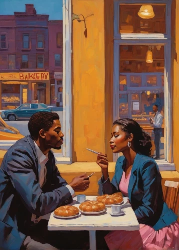 black couple,woman at cafe,women at cafe,the coffee shop,courtship,oil painting on canvas,conversation,coffee shop,woman drinking coffee,young couple,oil on canvas,oil painting,coffeehouse,new york restaurant,yolanda's-magnolia,afroamerican,blues and jazz singer,two people,breakfast table,date,Conceptual Art,Fantasy,Fantasy 07