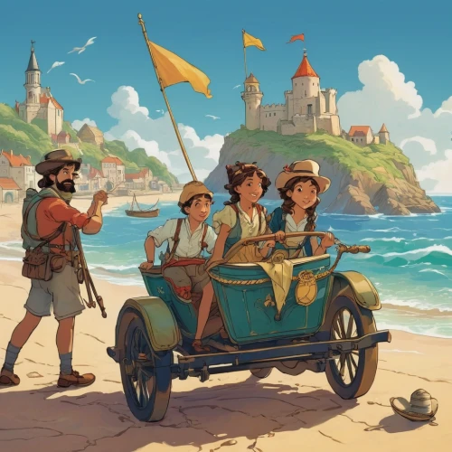 travelers,digital nomads,french tourists,pilgrims,tourists,studio ghibli,travel poster,voyage,sea scouts,traveler,adventurer,delivery service,treasure hunt,sand road,game illustration,caravel,cg artwork,island residents,seaside country,malta,Art,Classical Oil Painting,Classical Oil Painting 31