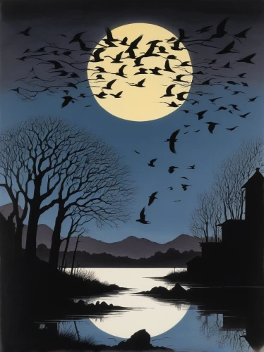 moonlit night,night scene,nocturnal bird,david bates,the night of kupala,night bird,carol colman,halloween silhouettes,olle gill,bird migration,moonlit,cool woodblock images,full moon day,migratory birds,moon night,full moon,wild geese,murder of crows,carol m highsmith,lunar phases,Illustration,Black and White,Black and White 22