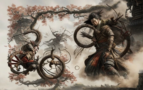 the wanderer,scythe,game illustration,clockmaker,vendor,heroic fantasy,shaman,steampunk gears,warrior and orc,cogwheel,bow and arrows,concept art,peddler,scrap collector,velocipede,cycle,bicycle mechanic,blacksmith,watchmaker,wind warrior,Game Scene Design,Game Scene Design,Japanese Martial Arts
