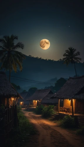 moonlit night,night scene,evening atmosphere,kerala,world digital painting,moonrise,moonlit,moon at night,huts,tropical house,moonlight,tahiti,night image,home landscape,night indonesia,coconut trees,seychelles,landscape background,village life,full moon,Photography,General,Cinematic