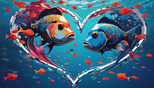 two fish,fishes,ornamental fish,fighting fish,triggerfish-clown,koi fish,discus fish,blue fish,fish in water,tropical fish,watery heart,blue angel fish,parrotfish,siamese fighting fish,aquarium inhabitants,beautiful fish,heart background,marine fish,two hearts,wrasses,Conceptual Art,Oil color,Oil Color 07