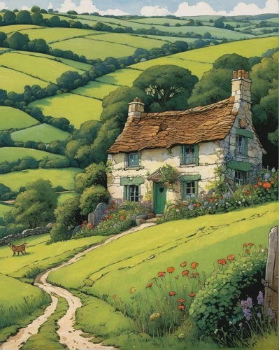 country cottage,hobbiton,dorset,exmoor,thatched cottage,england,cottage garden,sussex,cornwall,devon,cottage,home landscape,summer cottage,yorkshire,cottages,country house,rural landscape,studio ghibli,shaftesbury,countryside,Illustration,Children,Children 02