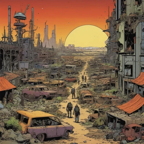 post-apocalyptic landscape,post apocalyptic,post-apocalypse,wasteland,destroyed city,rust-orange,apocalyptic,refinery,junkyard,trash land,fallout4,valerian,dystopian,atomic age,red planet,dead earth,scorched earth,city in flames,dystopia,the end of the world,Illustration,American Style,American Style 14