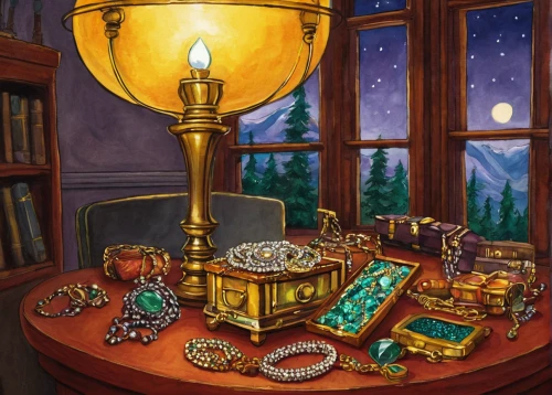 trinkets,treasure chest,christmas items,apothecary,watchmaker,gold shop,clockmaker,hannukah,game illustration,gift of jewelry,snowglobes,potions,treasure house,advent market,card table,magic grimoire,jewelry store,steampunk gears,house jewelry,pirate treasure,Conceptual Art,Daily,Daily 34