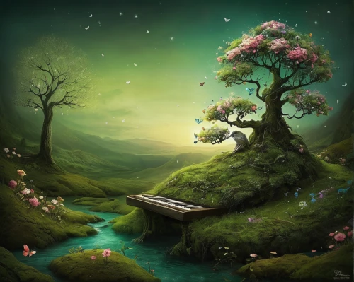 fantasy picture,fantasy landscape,fairy forest,fairy world,landscape background,fantasy art,magic tree,green tree,faery,faerie,elven forest,celtic tree,children's background,apple tree,enchanted forest,blossoming apple tree,forest landscape,world digital painting,flourishing tree,forest background,Illustration,Abstract Fantasy,Abstract Fantasy 01