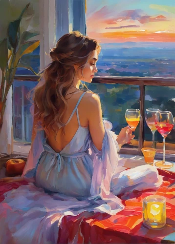 a glass of wine,romantic portrait,glass of wine,summer evening,romantic scene,romantic night,pink wine,aperitif,evening atmosphere,italian painter,oil painting,romantic look,in the evening,world digital painting,art painting,romantic dinner,wine,bottle of wine,sunset,ocean view,Illustration,Paper based,Paper Based 11