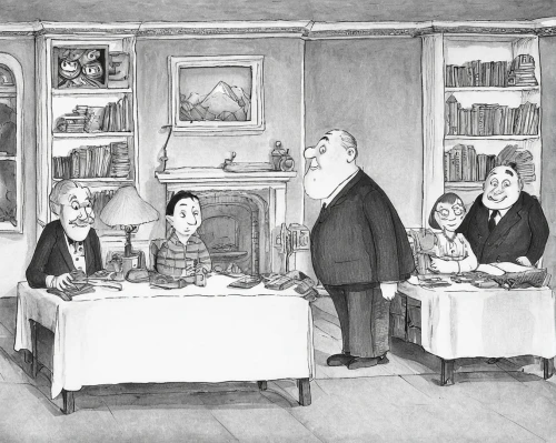 book illustration,gnomes at table,consulting room,christmas carol,hand-drawn illustration,christmas scene,herring family,cookery,the dining board,bookshop,tearoom,board room,lithograph,illustrations,dining room,bookselling,children's room,jury,the conference,tea and books,Illustration,Black and White,Black and White 22