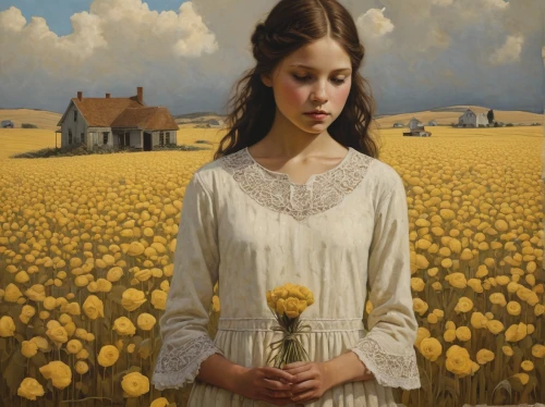 girl with bread-and-butter,woman with ice-cream,grant wood,chamomile in wheat field,woman of straw,dandelion field,girl picking flowers,dandelions,daffodil field,sunflower field,dandelion meadow,straw flower,yellow grass,mary-gold,holding flowers,brook avens,sunflowers in vase,cloves schwindl inge,sunflowers,girl in flowers,Illustration,Realistic Fantasy,Realistic Fantasy 09
