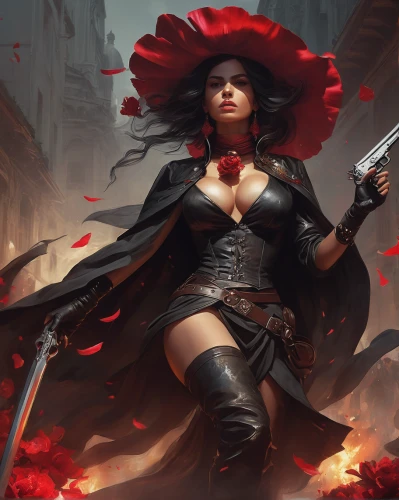 swordswoman,dodge warlock,red riding hood,scarlet witch,massively multiplayer online role-playing game,female warrior,red rose,queen of hearts,heroic fantasy,assassin,way of the roses,sorceress,huntress,fantasy art,flower of passion,scythe,warrior woman,musketeer,rosa ' amber cover,femme fatale,Conceptual Art,Fantasy,Fantasy 11