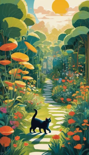 dog illustration,pathway,jungle,koi pond,animal lane,garden-fox tail,brook landscape,ritriver and the cat,digital illustration,forest path,magpie cat,stroll,small landscape,tropical jungle,felidae,oasis,springtime background,towards the garden,dog hiking,alligator alley,Illustration,Realistic Fantasy,Realistic Fantasy 36