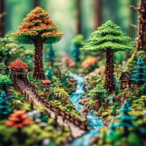 fairy village,fairy forest,elven forest,mushroom landscape,tilt shift,fairytale forest,cartoon forest,trees with stitching,3d fantasy,lego background,forest landscape,enchanted forest,coniferous forest,fairy house,forest glade,tiny world,forests,forest background,fairy world,forest path,Unique,3D,Panoramic