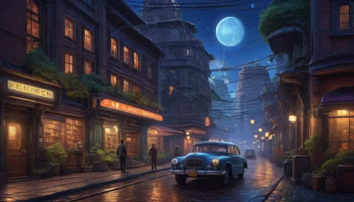 evening atmosphere,night scene,old linden alley,alleyway,the cobbled streets,moonlit night,old city,street lamps,world digital painting,shanghai disney,blue hour,alley,narrow street,evening city,street lights,fantasy city,street scene,old town,greystreet,cartoon video game background,Illustration,Realistic Fantasy,Realistic Fantasy 27