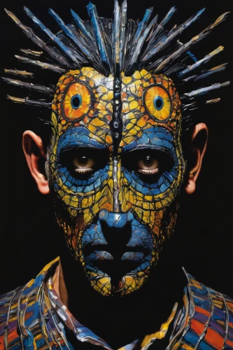 bodypainting,tribal masks,body painting,shaman,face paint,reptilia,shamanic,bodypaint,body art,blue demon,neon body painting,tribal,aztec,triggerfish-clown,tribal chief,reptilian,pachamama,the aztec calendar,covid-19 mask,cd cover,Illustration,Realistic Fantasy,Realistic Fantasy 33