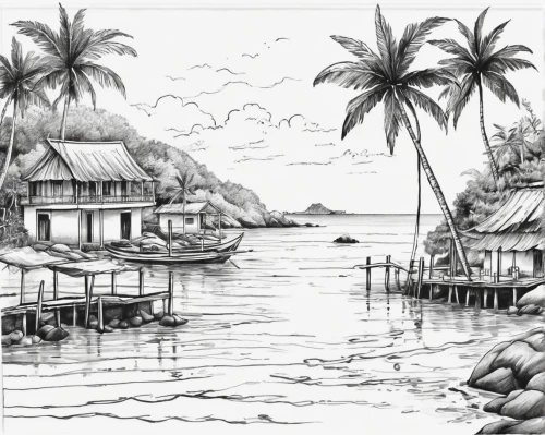 fishing village,tahiti,moorea,samoa,kohphangan,rabaul,guanabá real,java island,south pacific,floating huts,stilt house,stilt houses,sabang,mahé,maya city,seaside resort,hand-drawn illustration,caye,huts,kei islands,Illustration,Black and White,Black and White 34