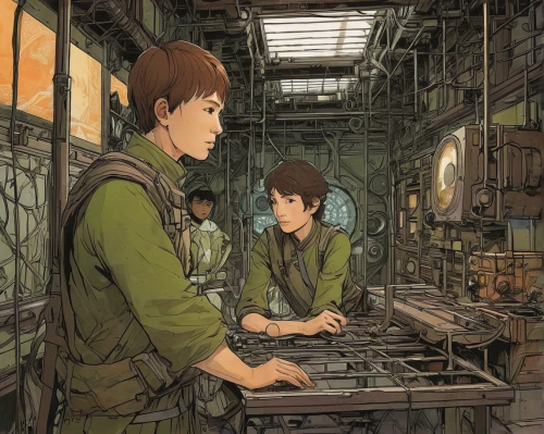 typesetting,forest workers,workers,warehouseman,watchmaker,factory,watercolor shops,game illustration,lost in war,sewing factory,cells,warehouse,empty factory,convenience store,examining,machining,manufacture,manufacturing,mechanic,repairing,Illustration,Realistic Fantasy,Realistic Fantasy 12