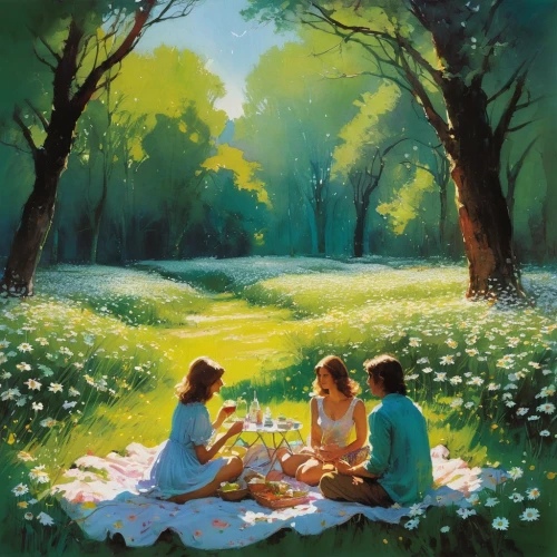 picnic,picnic basket,oil painting on canvas,romantic scene,tea party,idyll,flower painting,lilly of the valley,family picnic,oil painting,picnic table,daisies,summer day,fairies,garden party,art painting,springtime background,idyllic,alfresco,cream tea,Illustration,Paper based,Paper Based 12