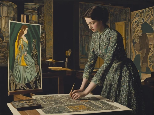 john atkinson grimshaw,meticulous painting,mucha,girl at the computer,the annunciation,girl studying,art nouveau,david bates,vincent van gough,alfons mucha,girl with cloth,braque francais,woman playing,italian painter,the girl studies press,art dealer,universal exhibition of paris,mystical portrait of a girl,vintage art,girl in cloth,Art,Artistic Painting,Artistic Painting 50