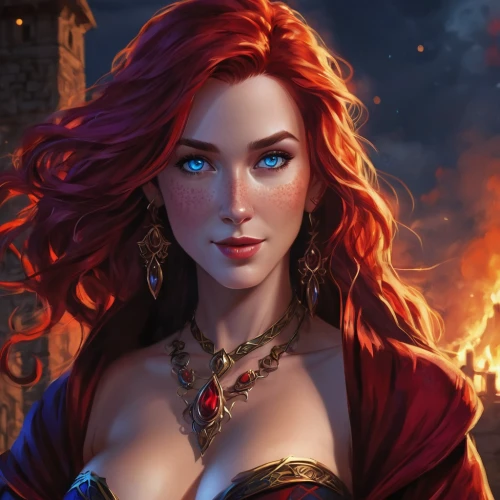sorceress,fantasy art,fantasy portrait,fire siren,fantasy woman,fire eyes,merida,fiery,fire heart,fire angel,fire background,massively multiplayer online role-playing game,fantasy picture,elza,fire artist,celtic queen,flame of fire,flame spirit,heroic fantasy,fire master,Illustration,American Style,American Style 13