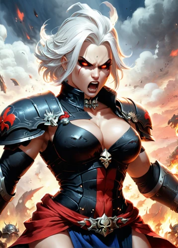 harley,female warrior,tiber riven,captain marvel,massively multiplayer online role-playing game,monsoon banner,hard woman,harley quinn,wonderwoman,super heroine,evil woman,superhero background,strong woman,fire background,heroic fantasy,game illustration,femme fatale,french digital background,strong women,fire siren,Illustration,Realistic Fantasy,Realistic Fantasy 01