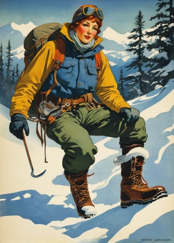 travel poster,mountaineer,ski mountaineering,crampons,eskimo,mountain boots,mountain guide,skier,avalanche protection,boy scouts of america,fjäll,hiking equipment,ski touring,hiker,vintage illustration,winter clothing,king ortler,ski equipment,snowshoe,advertising figure,Illustration,Retro,Retro 07