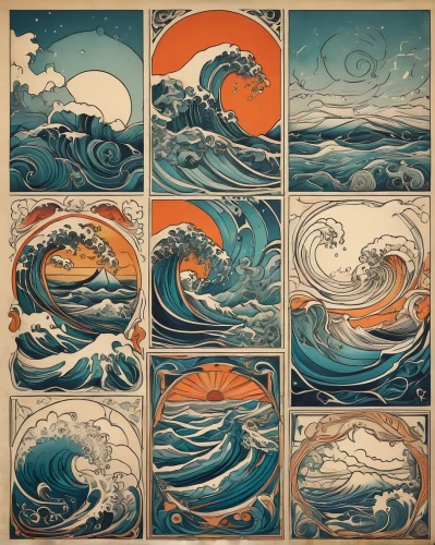 cool woodblock images,japanese waves,ocean waves,woodblock prints,japanese wave paper,japanese wave,waves circles,vintage wallpaper,waves,the wind from the sea,wave pattern,god of the sea,motif,seascape,rogue wave,ocean background,oriental painting,vintage art,water waves,crashing waves,Illustration,Retro,Retro 11