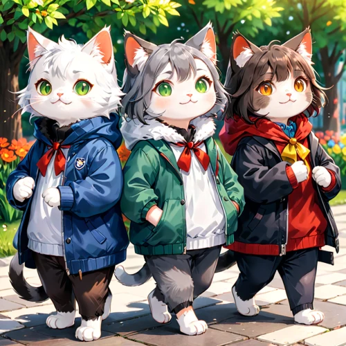 summer coat,winter clothing,school children,cat family,autumn walk,winter clothes,clover jackets,four seasons,oktoberfest cats,fur clothing,trio,strolling,parka,coat,three friends,rain cats and dogs,kimonos,in the autumn,cat supply,travelers,Anime,Anime,General