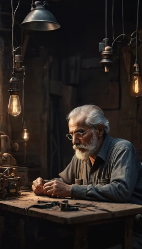 watchmaker,blacksmith,tinsmith,clockmaker,elderly man,metalsmith,craftsman,digital compositing,visual effect lighting,old trading stock market,woodworker,man with a computer,a carpenter,geppetto,silversmith,merchant,kerosene lamp,candlemaker,luthier,old age,Photography,General,Natural