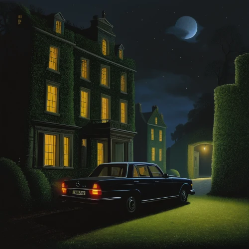 night scene,rolls-royce silver dawn,buick park avenue,mercedes-benz w126,mercedes-benz w124,mercedes benz w123,mercedes-benz w123,ford granada,mercedes-benz w120,moon car,rolls-royce corniche,rolls-royce silver seraph,mercury grand marquis,cadillac fleetwood,mercedes-benz 600,rover p4,bmw 3 series (e21),rolls-royce silver shadow,lincoln town car,rolls-royce silver cloud,Art,Artistic Painting,Artistic Painting 30