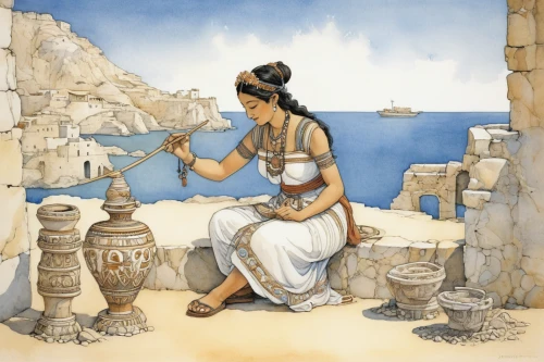 woman at the well,woman drinking coffee,khokhloma painting,hellenic,amphora,aegean,meticulous painting,greek myth,lycian,ancient egyptian girl,greece,apulia,hellas,fetching water,athena,greek island,biblical narrative characters,winemaker,athenian,greek food,Illustration,Paper based,Paper Based 29