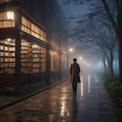 bookshop,bookstore,evening atmosphere,librarian,atmospheric,book store,readers,violet evergarden,lamplighter,library,bookselling,atmosphere,the books,sci fiction illustration,walking in the rain,books,the fog,digital compositing,bookworm,apothecary,Photography,General,Natural