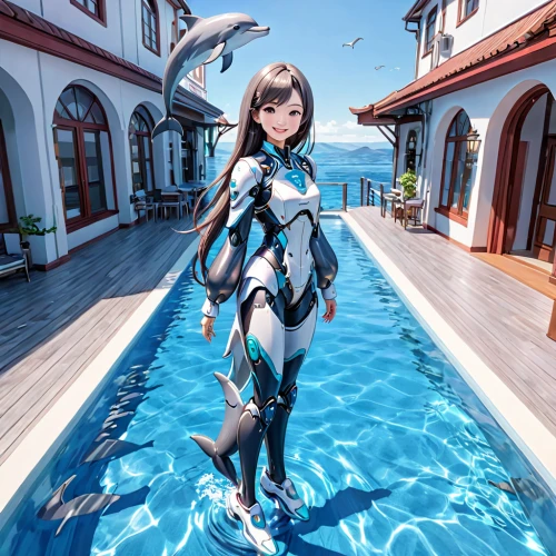 sanya,aqua studio,lily water,divemaster,vector girl,symetra,water-the sword lily,honmei choco,wetsuit,aquanaut,manta,infinity swimming pool,swimfin,kinara,honolulu,aqua,tracer,one-piece swimsuit,dolphin rider,girl with a dolphin,Anime,Anime,General
