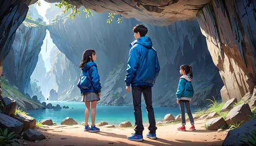 studio ghibli,girl and boy outdoor,blue cave,forest walk,the blue caves,blue caves,adventure game,hikers,in the forest,travelers,game illustration,the forest,encounter,background image,shelter,forest background,3d fantasy,chasm,other world,forest,Anime,Anime,General