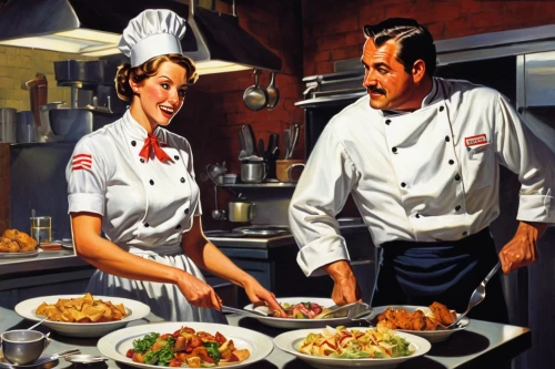 chef's uniform,chefs,cookery,food and cooking,cooking book cover,food preparation,cooks,chef,southern cooking,men chef,cuisine classique,chefs kitchen,kitchen work,cooking show,man and wife,vintage man and woman,cookware and bakeware,domestic,cooking vegetables,culinary art,Illustration,Retro,Retro 14