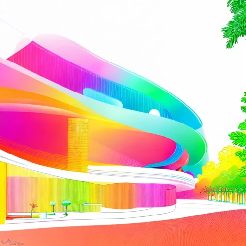 futuristic art museum,colorful facade,futuristic architecture,3d rendering,futuristic landscape,school design,render,archidaily,colorful city,rainbow color palette,sky space concept,tempodrom,virtual landscape,gradient mesh,colorful light,kirrarchitecture,color fields,3d render,rainbow bridge,rainbow colors,Design Sketch,Design Sketch,Character Sketch