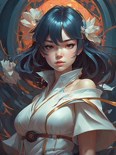 jasmine blossom,white blossom,orange blossom,gardenia,jasmine,moonflower,priestess,fallen petals,petals,jasmine blue,night-blooming jasmine,lotus blossom,jasmine flower,geisha,celestial chrysanthemum,blue petals,jasmine flowers,white petals,hinata,zodiac sign libra,Conceptual Art,Fantasy,Fantasy 01