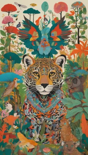 asian tiger,forest animals,tigers,shirakami-sanchi,tropical animals,woodland animals,tiger,forest animal,royal tiger,fauna,a tiger,safari,tapestry,polychrome,wild emperor,serengeti,kyi-leo,animal kingdom,oriental painting,deep zoo,Illustration,Japanese style,Japanese Style 16