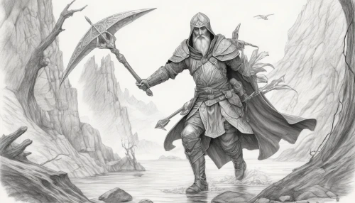 the wanderer,hooded man,dane axe,dark elf,lone warrior,woodsman,grimm reaper,undead warlock,scythe,game drawing,druid,paladin,templar,forest man,elven,assassin,game illustration,heroic fantasy,northrend,grayscale,Illustration,Black and White,Black and White 30