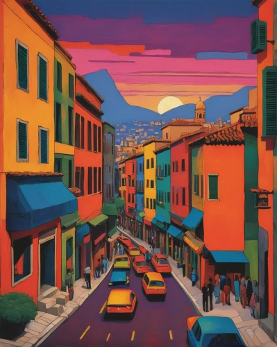 colorful city,positano,portofino,valparaiso,albuquerque,genoa,santa fe,monte carlo,cagliari,tuscan,san francisco,monaco,marseille,malaga,cinque terre,guanajuato,saturated colors,liguria,vibrant color,murano,Art,Classical Oil Painting,Classical Oil Painting 30