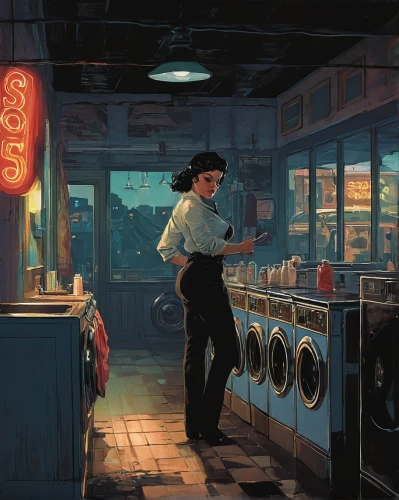 laundromat,soda fountain,convenience store,retro diner,laundry shop,gas-station,soda shop,shopkeeper,laundry,gas station,digital painting,washer,washes,washing clothes,girl in the kitchen,laundress,merchant,world digital painting,transistor checking,sci fiction illustration,Conceptual Art,Daily,Daily 08