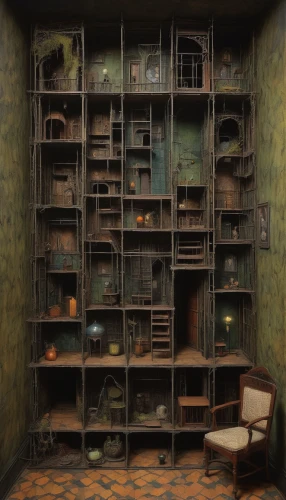 pantry,apothecary,dolls houses,cupboard,shelves,cabinets,doll house,shelving,china cabinet,bookcase,cabinetry,bookshelves,fallout shelter,empty shelf,cabinet,dark cabinetry,bookshelf,abandoned room,compartments,dollhouse,Art,Artistic Painting,Artistic Painting 49
