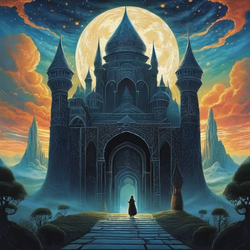 castle of the corvin,ghost castle,hall of the fallen,haunted cathedral,fantasy picture,portal,gothic architecture,mortuary temple,haunted castle,witch's house,temples,fantasy art,fairy tale castle,fantasy landscape,mausoleum ruins,knight's castle,necropolis,castles,witch house,gothic,Illustration,Abstract Fantasy,Abstract Fantasy 03