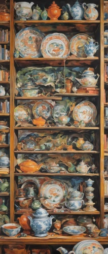 chinaware,china cabinet,vintage dishes,plate shelf,dishware,tableware,vintage china,dish storage,oriental painting,kitchenware,chinese teacup,singingbowls,tibetan bowls,leittafel,earthenware,tea set,plates,tea service,meticulous painting,teapots,Conceptual Art,Oil color,Oil Color 18