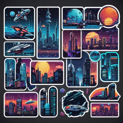 80's design,systems icons,cities,icon set,sci-fi,sci - fi,city cities,sci fiction illustration,futuristic landscape,retro background,set of icons,80s,sci fi,scifi,icon pack,harbour city,space ships,futuristic,industries,fantasy city,Unique,Design,Sticker