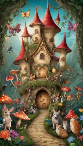 fairy village,fairy house,children's fairy tale,fairy world,whimsical animals,children's background,fairy tale,wonderland,fairy tale castle,alice in wonderland,witch's house,fairy forest,dream world,fairy tale character,fantasy picture,fairy door,fairy chimney,a fairy tale,fairy tales,the little girl's room,Illustration,Realistic Fantasy,Realistic Fantasy 02